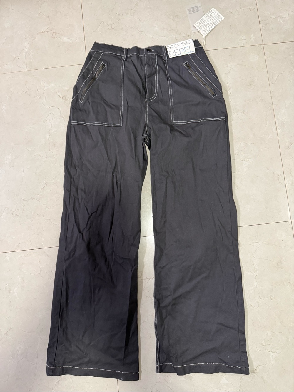 Project Rebel Black Contrast Stitch Wide Leg Cargo Pants Size L NWT
